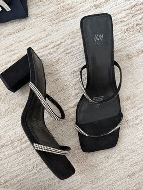 H&M Black Suede Crystal-Strap Block Heel Sandals